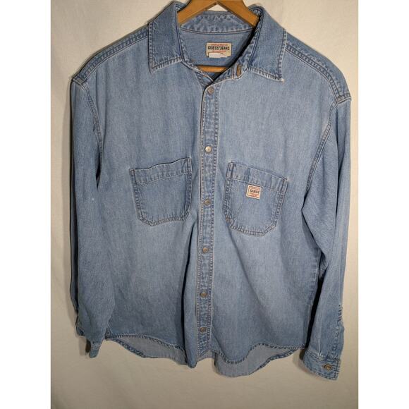 Vintage Guess Jeans Mens Blue Denim Snap Button Shirt Sz S 163F8 Western Flaw - Picture 1 of 9